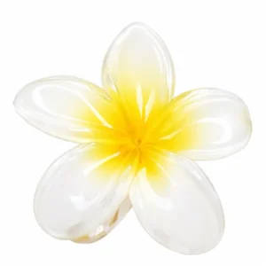 White-Mid-Yellow Plumeria Hair Claw Clip for Women White and mid-yellow plumeria flower hair claw clip displayed on a white background
