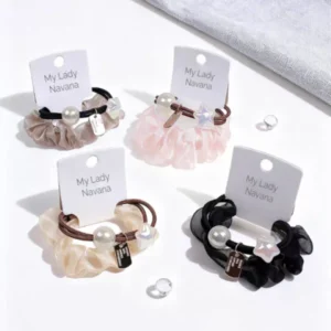Satin Organza Mesh Hair Scrunchies Set in Four Colors Four satin organza mesh hair scrunchies in cream, pink, black, and golden